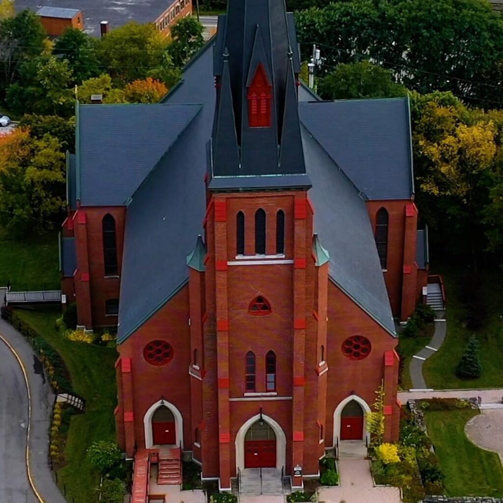 aerial drone photo of a church