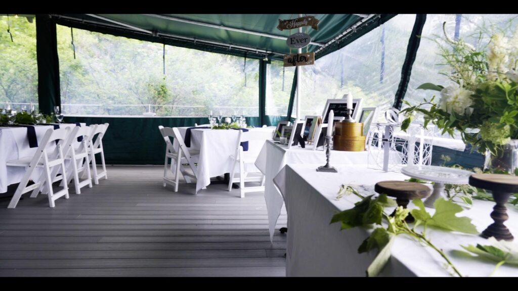 photo of wedding reception area with tables and chairs